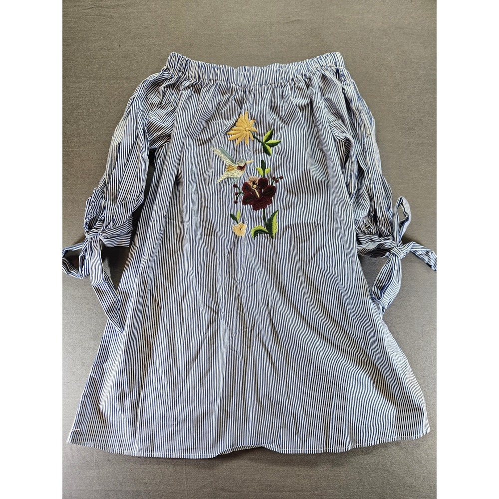 Velzera Blue White Striped Off Shoulder Embroidered Floral Hummingbird shirt M